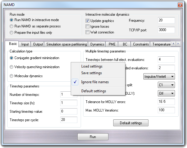 Settings context menu