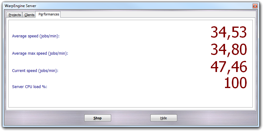 WarpEngine server - Performances tab